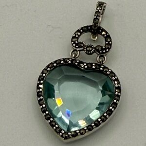 C549 Vintage 925 Silver Marcasite and Blue Topaz Heart Pendant
